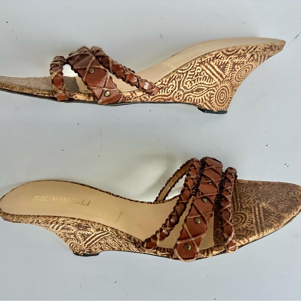 Bruno Magli Tan and Brown Heeled Sandals